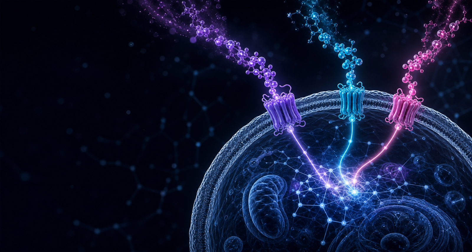 Three coloured molecular signals converging on separate receptors of a metabolic cell