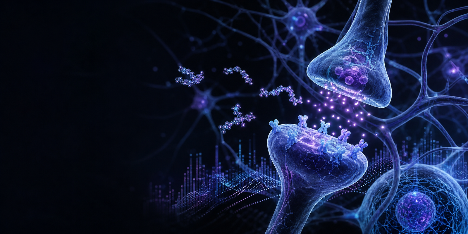Semax: ACTH-Derived Peptide Research and Evidence Gaps Peptide-like molecular signals crossing a stylised neural synapse
