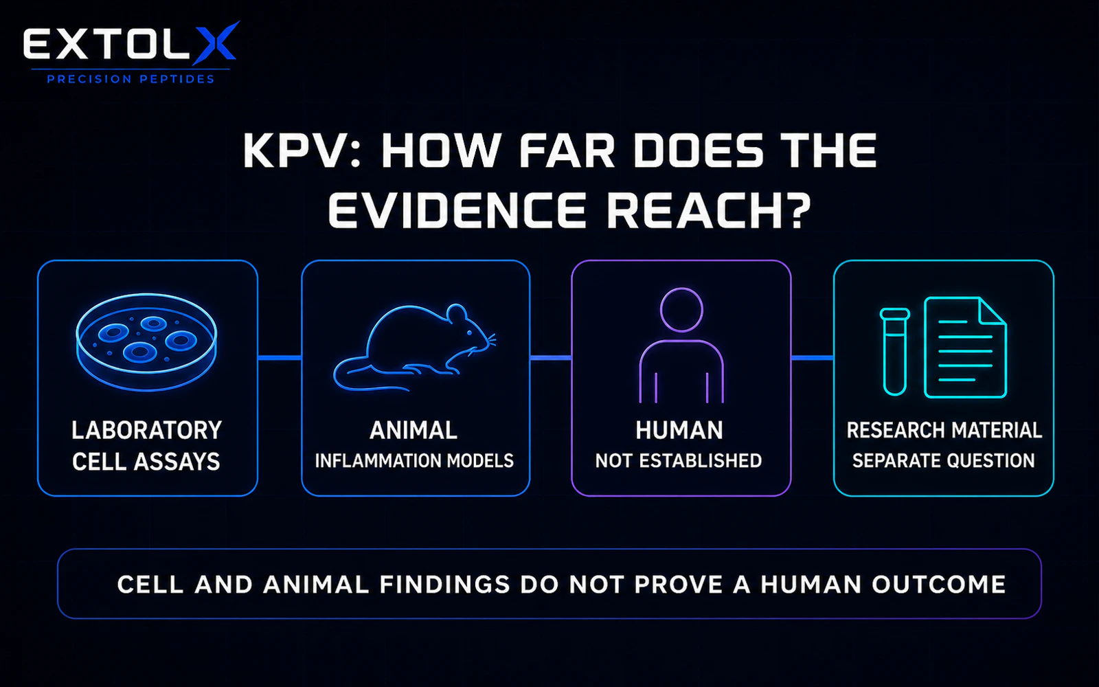 ExtolX evidence diagram separating KPV cell assays, mouse and rat inflammatory models, the absence of established controlled human evidence and independent research material.