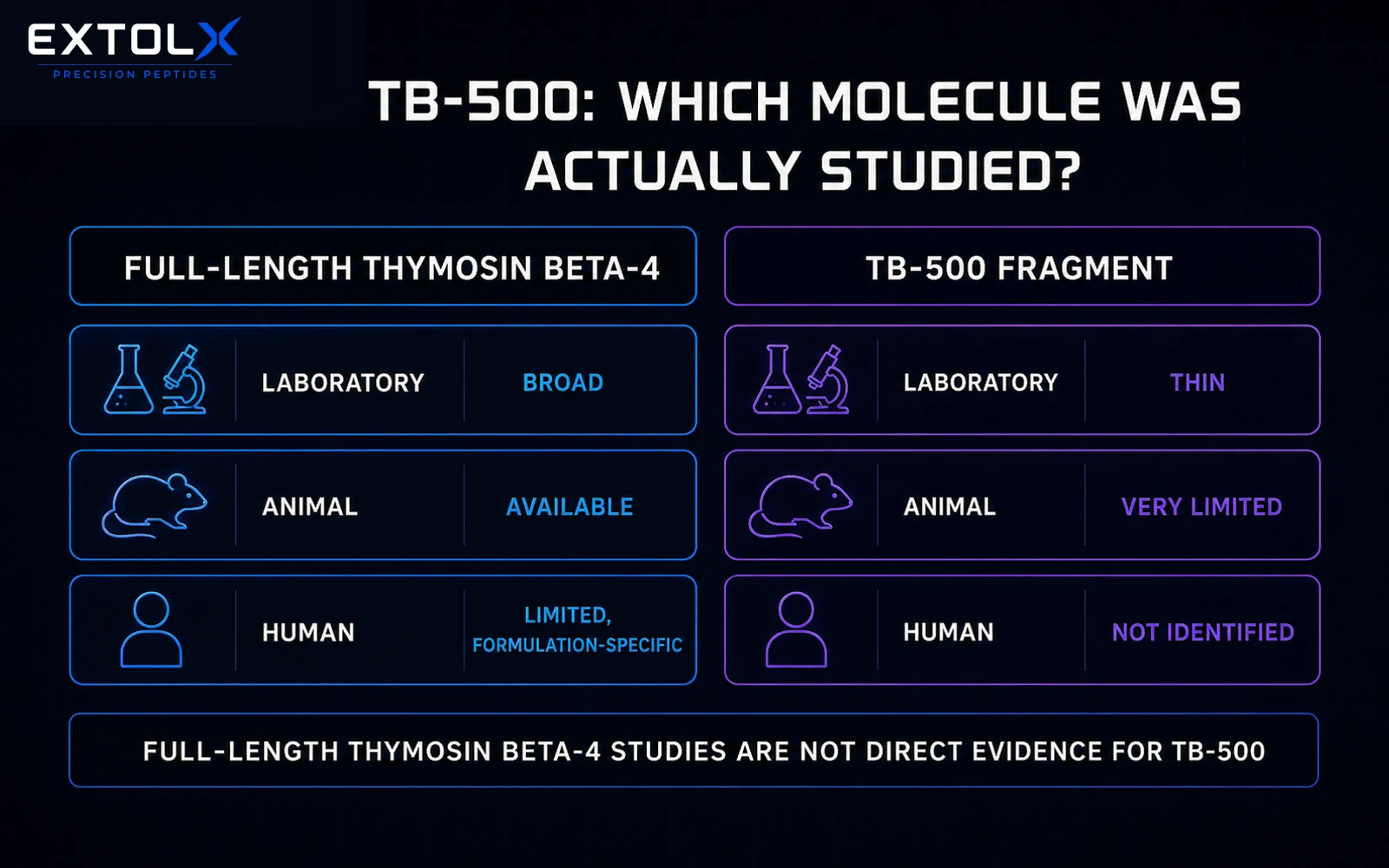TB-500 Explained: How It Differs from Thymosin Beta-4 Evidence table comparing full-length thymosin beta-4 research with the much thinner evidence base for the TB-500 fragment.
