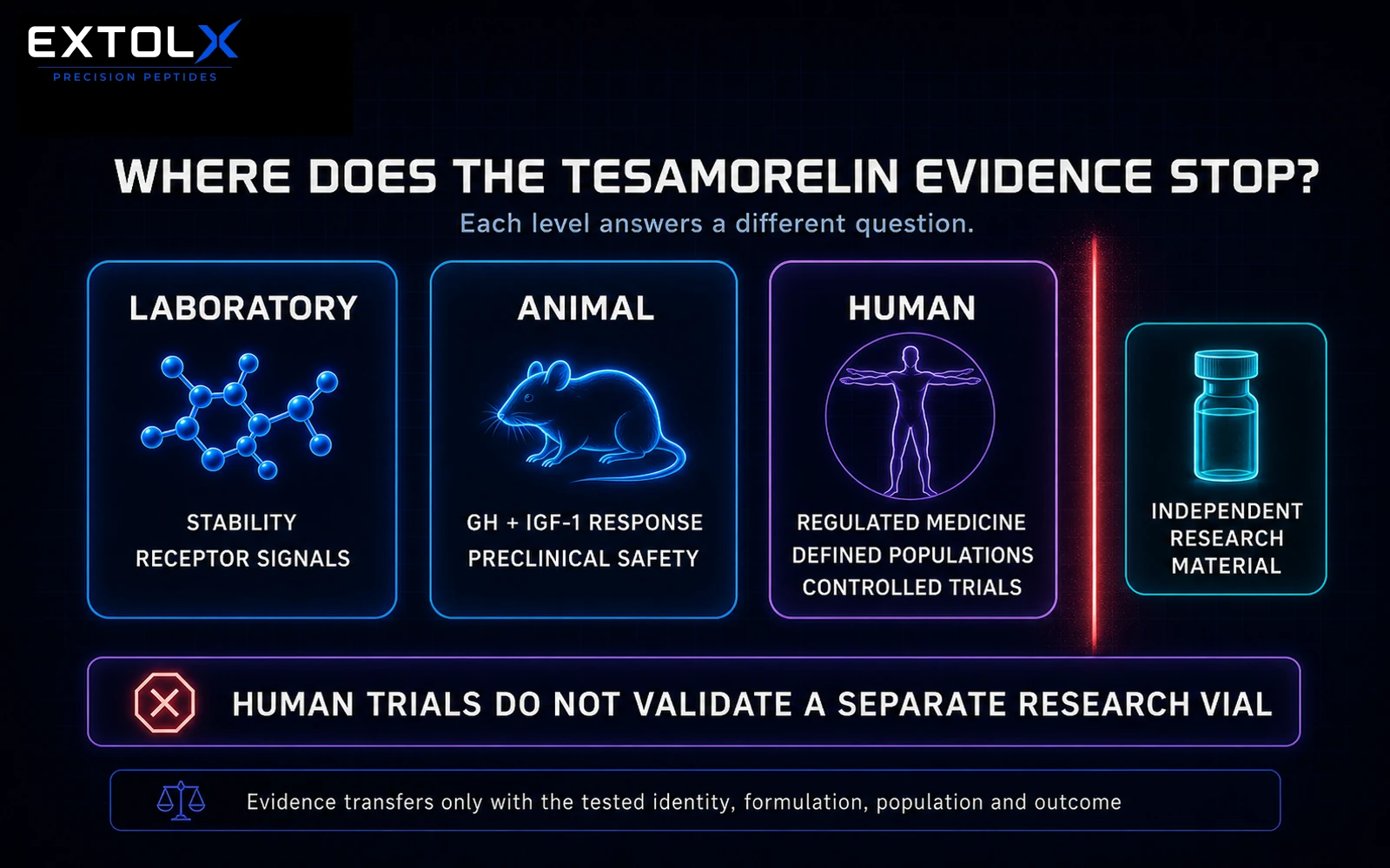 Tesamorelin Explained: GHRH Signalling, Human Trials and Regulatory Limits ExtolX evidence-boundaries diagram separating laboratory stability and receptor studies, animal signalling studies and human trials of regulated tesamorelin medicine.